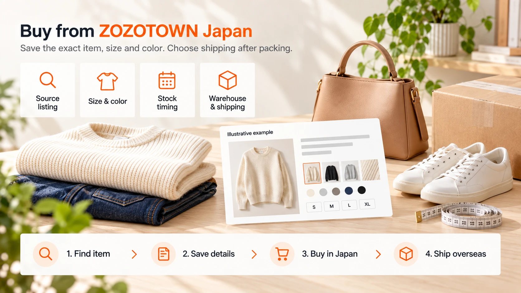 ZOZOTOWN buying guide with fashion items, size and color checks, and the Japan warehouse shipping workflow
